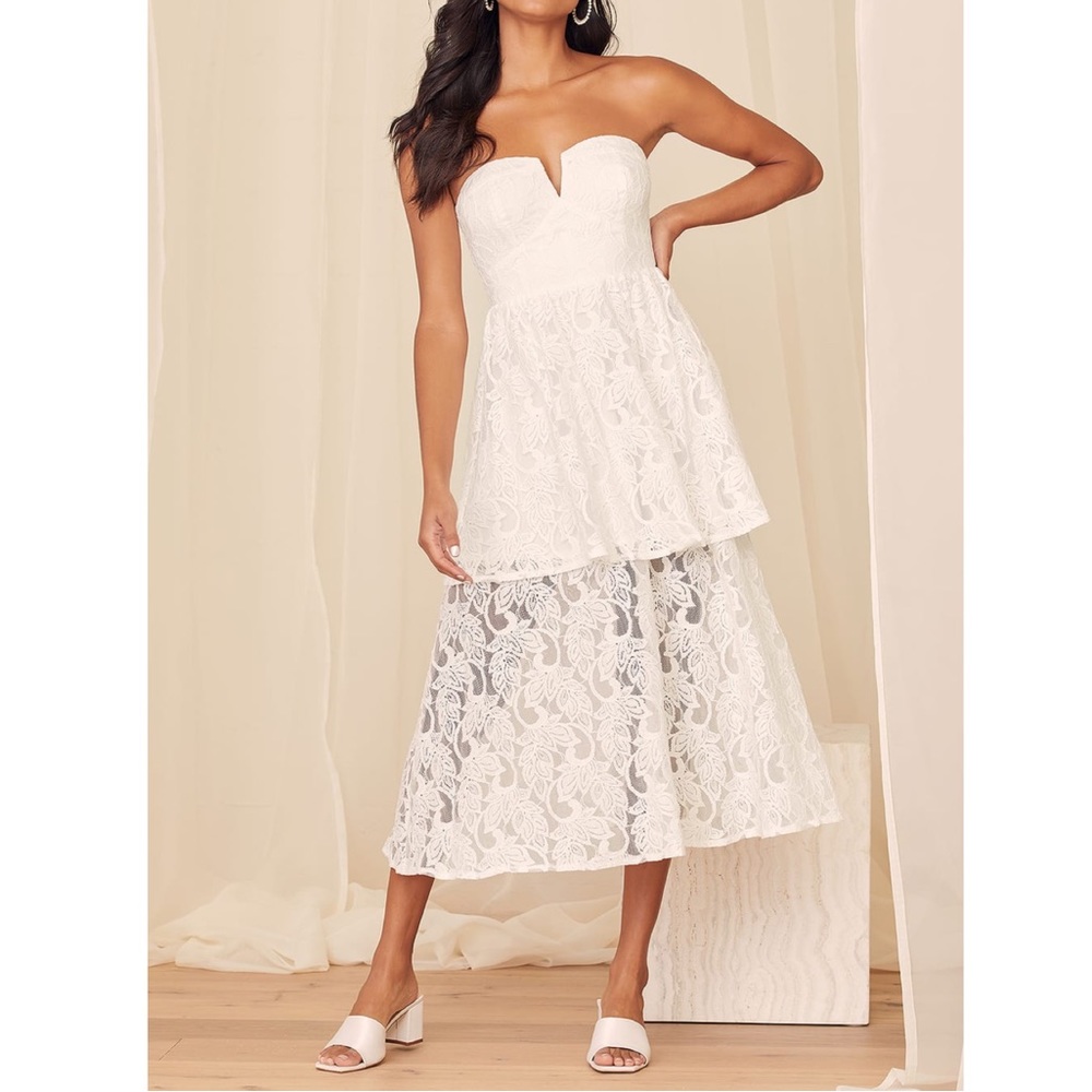 Lulu’s Always Remember Love White Lace Tiered Strapless Midi Dress XS